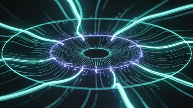 Futuristic central core radiating vibrant teal energy streams, symbolizing global data processing and technology.