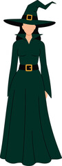 Dark green witch outfit for women with golden belt isolated on transparent background