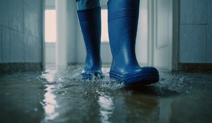 Person Walking Through Flooded Indoor Floor Wearing Blue Rubber Boots