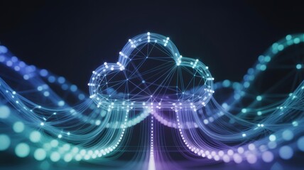 Futuristic digital cloud computing structure connecting global networks with vibrant light streams