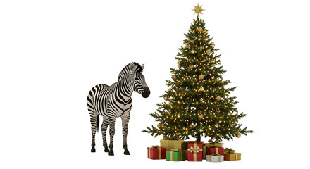 Isolated Realistic Zebra Standing Next To Decorated Christmas Tree