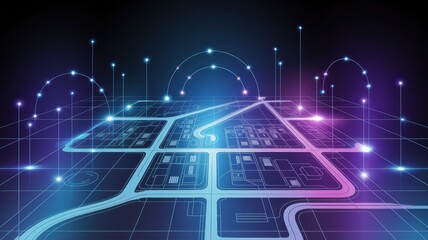 Futuristic digital city map displaying a glowing wireframe grid and connected network data points.
