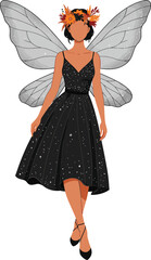 Black fairy Halloween dress with transparent wings and floral crown isolated