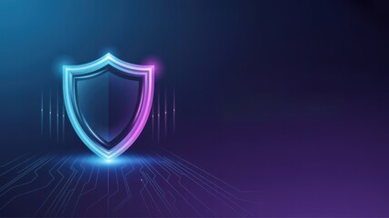 Futuristic glowing shield icon with vibrant neon colors on a digital motherboard background for cybersecurity
