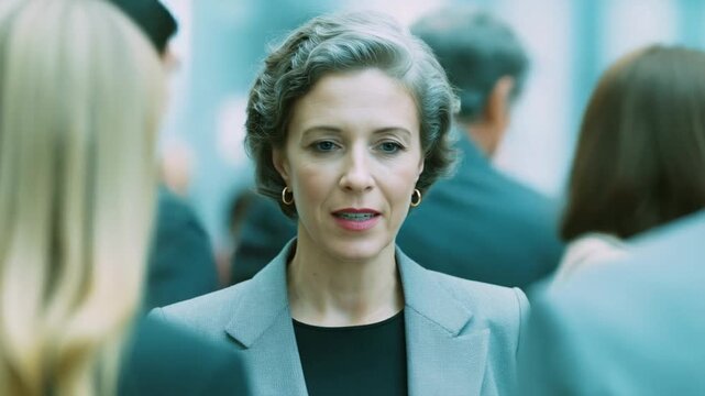 Mature white woman in a business setting, professional attire and focused expression, corporate networking during a busy workday