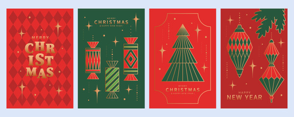 Merry Christmas and Happy New Year greeting card Set. Holiday background gold line Christmas tree, stars, sweets. Design templates for posters, holiday covers.
