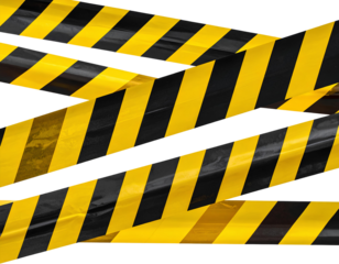 Two strips of wrinkled yellow and black striped caution tape for restricted areas. Is