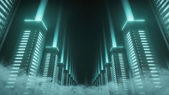 Futuristic server racks towering like skyscrapers in a foggy data center illuminated by bright cyan light. - Powered by Adobe