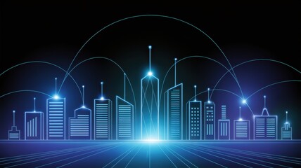Glowing blue futuristic cityscape illustrating global network connections and digital communication technology.