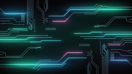 Glowing circuit board background with neon blue and cyan lines representing digital data flow and technology.