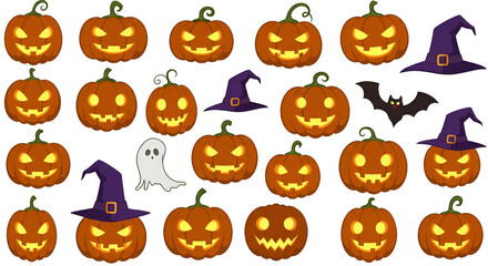 Pixel Art Halloween Collection Isolated Pumpkins Witch Hats and Bats