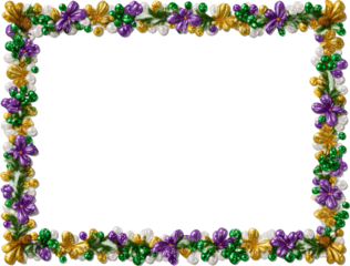 Festive Mardi Gras frame border with purple, green, gold flower