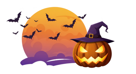 Pixel Art Halloween Pumpkin With Witch Hat And Bats Flying Around Orange Moon