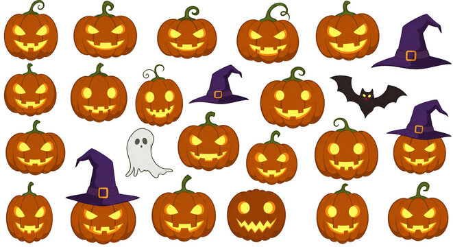 Pixel Art Halloween Collection Isolated Pumpkins Witch Hats and Bats