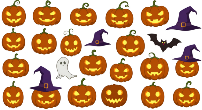 Pixel Art Halloween Collection Isolated Pumpkins Witch Hats and Bats
