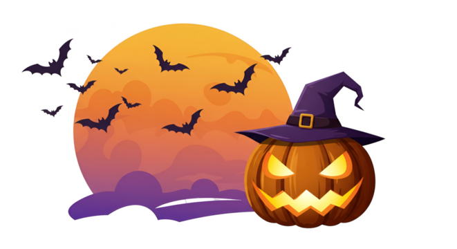Pixel Art Halloween Pumpkin With Witch Hat And Bats Flying Around Orange Moon
