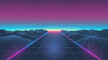 Retro neon grid road extending into a vibrant sunset landscape with low poly wireframe mountains