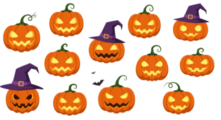 Pixel Art Halloween Pumpkins with Witch Hats Isolated