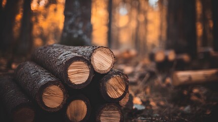 Logs stacked in a forest setting in moody autumn colors natural wood