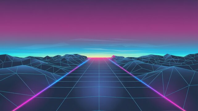 Retro neon grid road extending into a vibrant sunset landscape with low poly wireframe mountains