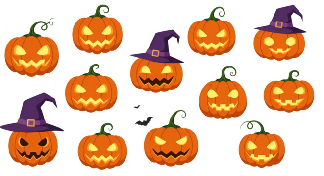 Pixel Art Halloween Pumpkins with Witch Hats Isolated - Powered by Adobe
