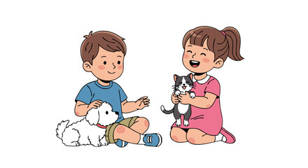 Cute illustration of a happy boy and girl playing with their adorable pets, a fluffy white dog and a sleek black and white cat, on a white background