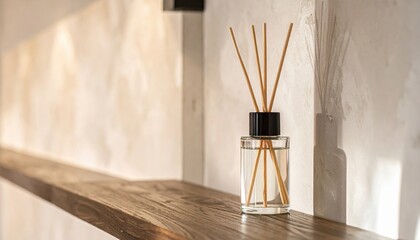 reed diffuser on walnut shelf gentle aroma mood soft morning key minimal composition with copy area