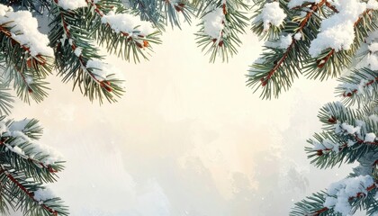 Snow-dusted pine branches centered in the frame with soft light and a minimal background.