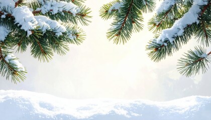 Snow-dusted pine branches at the center, with a soft light focus on textures against a minimal backdrop.