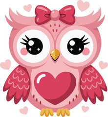 Pink cartoon owl with bow and heart chest, surrounded by floating hearts, whimsical vector illustration, children’s art, cute animal character design
