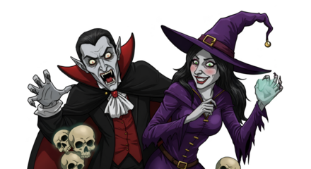 Pixel Art Illustration of Halloween Vampire and Witch with Skulls