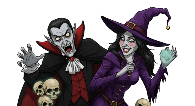 Pixel Art Illustration of Halloween Vampire and Witch with Skulls - Powered by Adobe