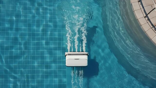 A white robotic cleaner autonomously moves across the blue tiled bottom of a swimming pool, leaving a wake.