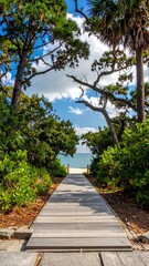 Wooden walkway through lush greenery towards a beach under blue skies