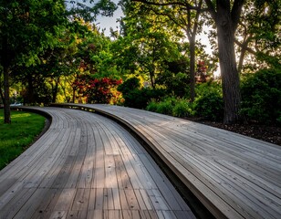 Wooden walkway curves through a lush park, sunlight streams through trees