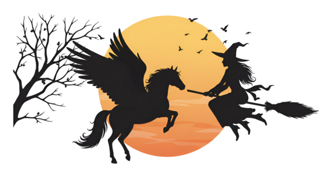 Pixel Art Illustration of Witch Riding Pegasus Silhouette Against Sunset