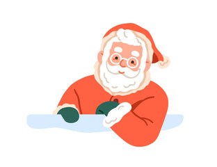 Santa Claus peeping, peeking out from behind snow wall. Cute Happy winter holiday character with beard, Christmas cap, smiling and looking. Flat vector illustration isolated on white background