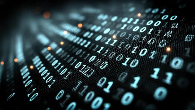 Macro Shot of Glowing Binary Code Lines Forming Neural Pathways with Deep Blue and Gold Lighting