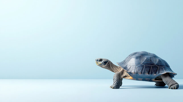 Realistic turtle walking on smooth surface with soft blue background, showcasing its unique shell and features
