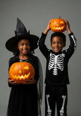 Fototapeta premium Smiling African American siblings in black Halloween costumes with carved pumpkins on gray background. Vertical template for festive holiday celebration and seasonal advertising with copyspace.