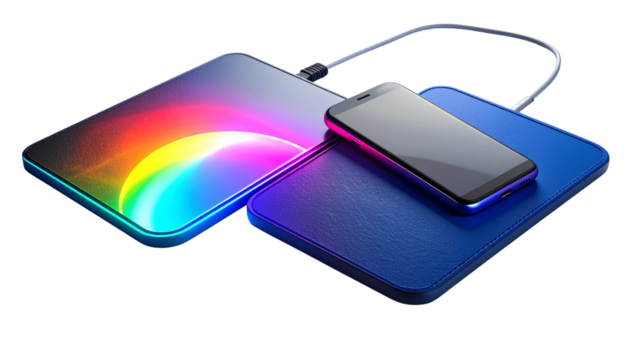  Modern RGB light mouse pad with wireless charging zone, isolated on transparent background