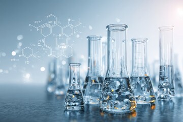 Chemistry. Laboratory flasks and glass beakers filled various colored liquids, transparent blue gray solutions. Molecular structure model background double exposition. Scientific research. Lab scene.