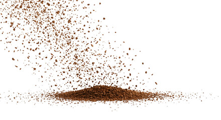 Realistic 3D brown powder falling and scattering isolated on black