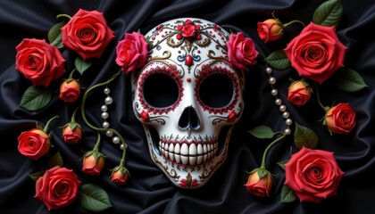Colorful sugar skull surrounded by vibrant red roses and pearls on dark fabric for Day of the Dead celebrations and traditions
