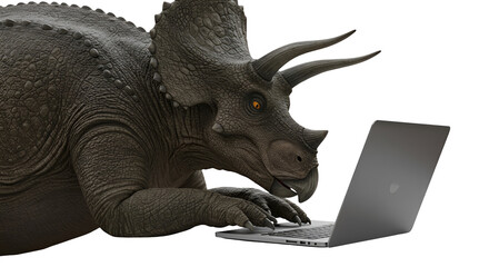 Realistic 3D Dinosaur Using Laptop on Transparent Background