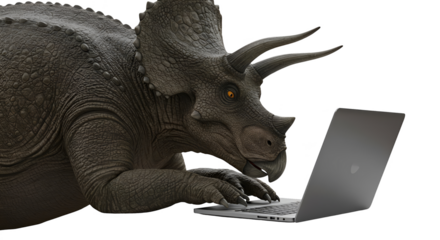 Realistic 3D Dinosaur Using Laptop on Transparent Background