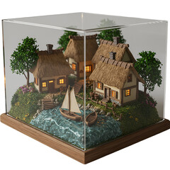 Realistic 3D Diorama Village Scene Miniature Island With Sailboat