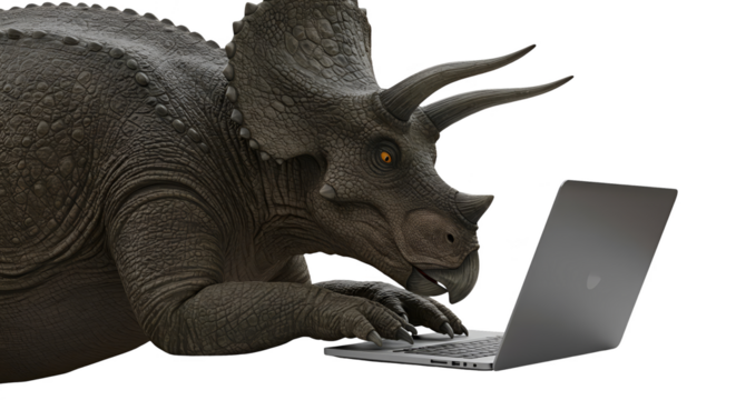 Realistic 3D Dinosaur Using Laptop on Transparent Background