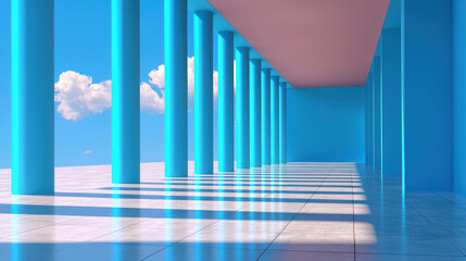 Fototapeta premium Vibrant minimalist design featuring blue columns and pink ceiling under bright sky with clouds, creating serene atmosphere