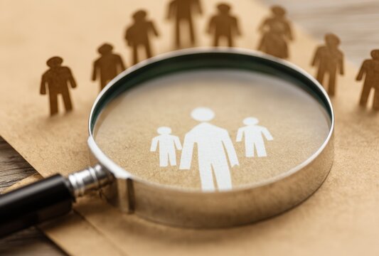Magnifying glass focusing on paper cutout figures symbolizing family and social connection concept - Powered by Adobe